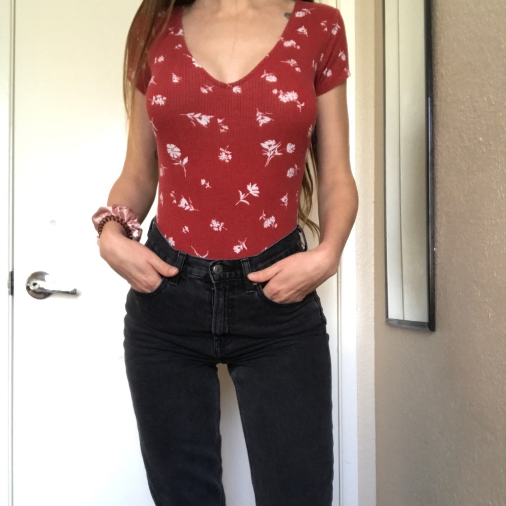 Red w White Flowers BodySuit